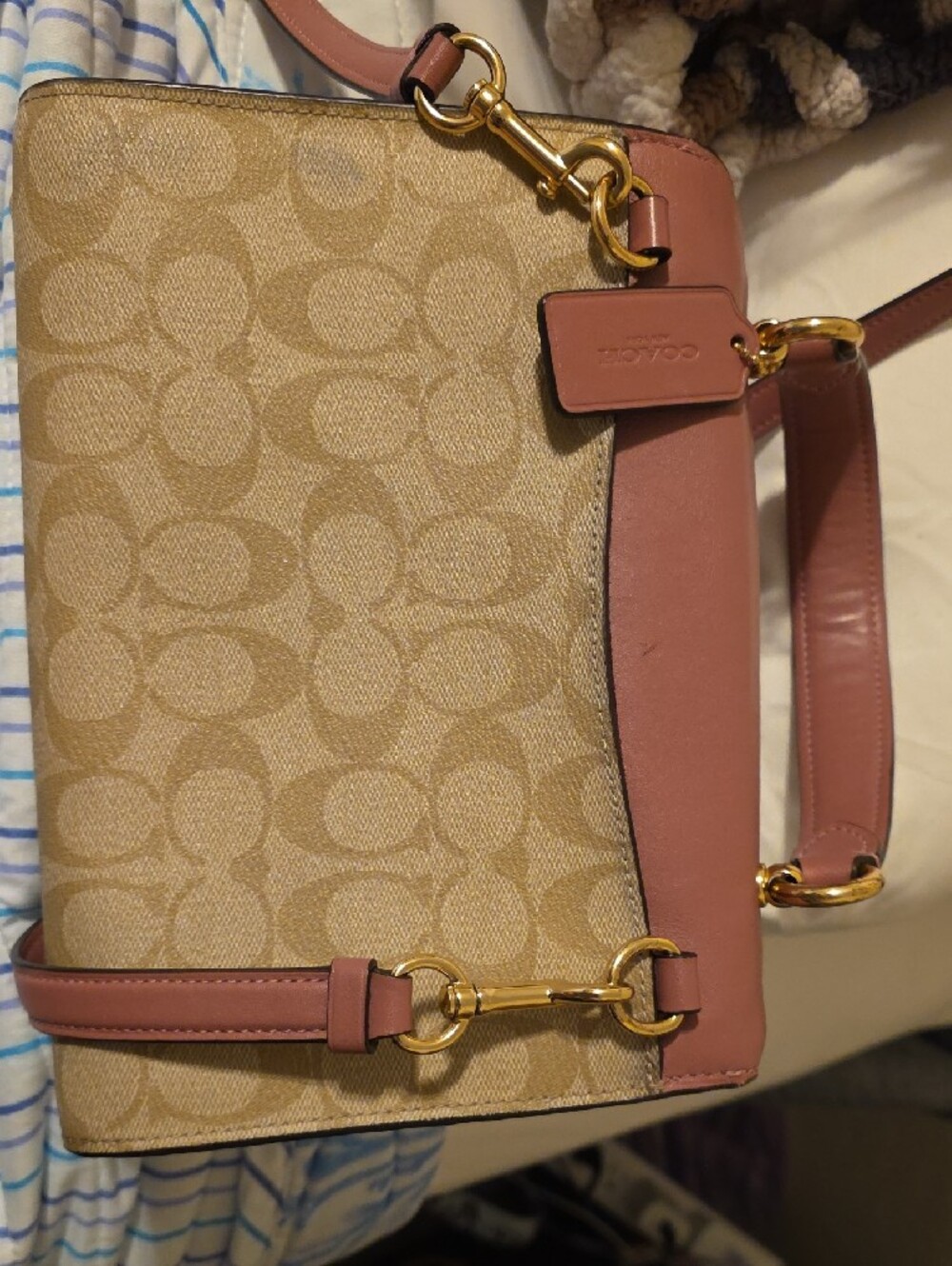 Coach Pink Leather & Signature Canvas Satchel with Butterfly Accents - Picture 3 of 12